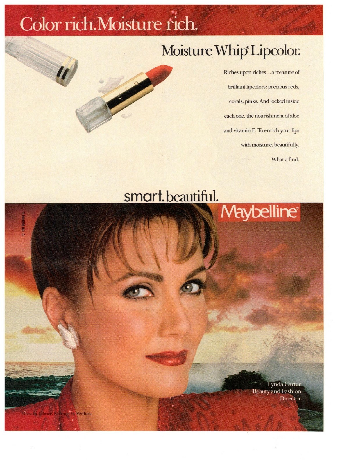 1989 Maybelline Moisture Whip Lipcolor Lynda Carter Vintage Print Advertisement