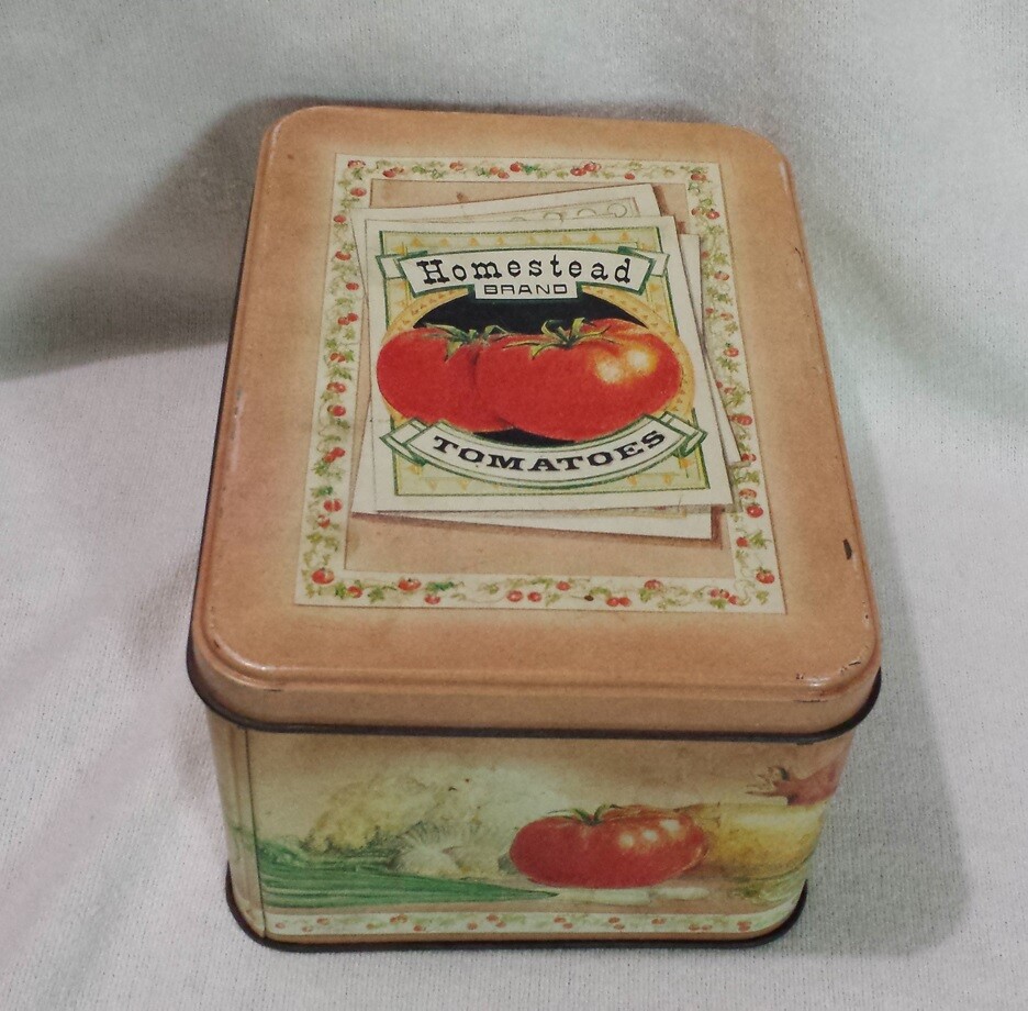 Vtg Empty Metal Tin Rectangular Box w/ Lid Homestead Brand Tomatoes Toleware