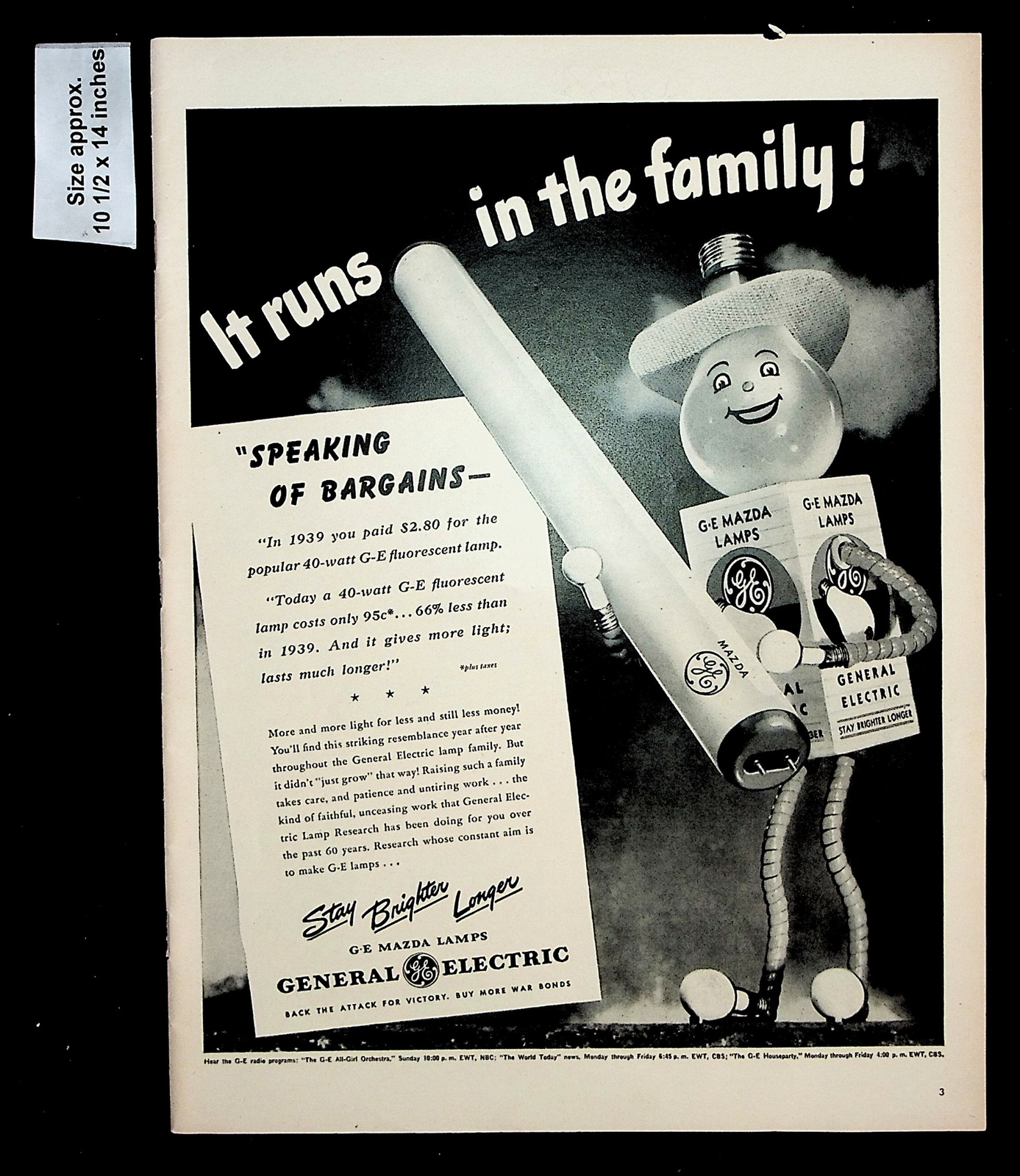 1944 GE General Electric Mazda Lamps Family Fluorescent Vintage Print Ad 35233