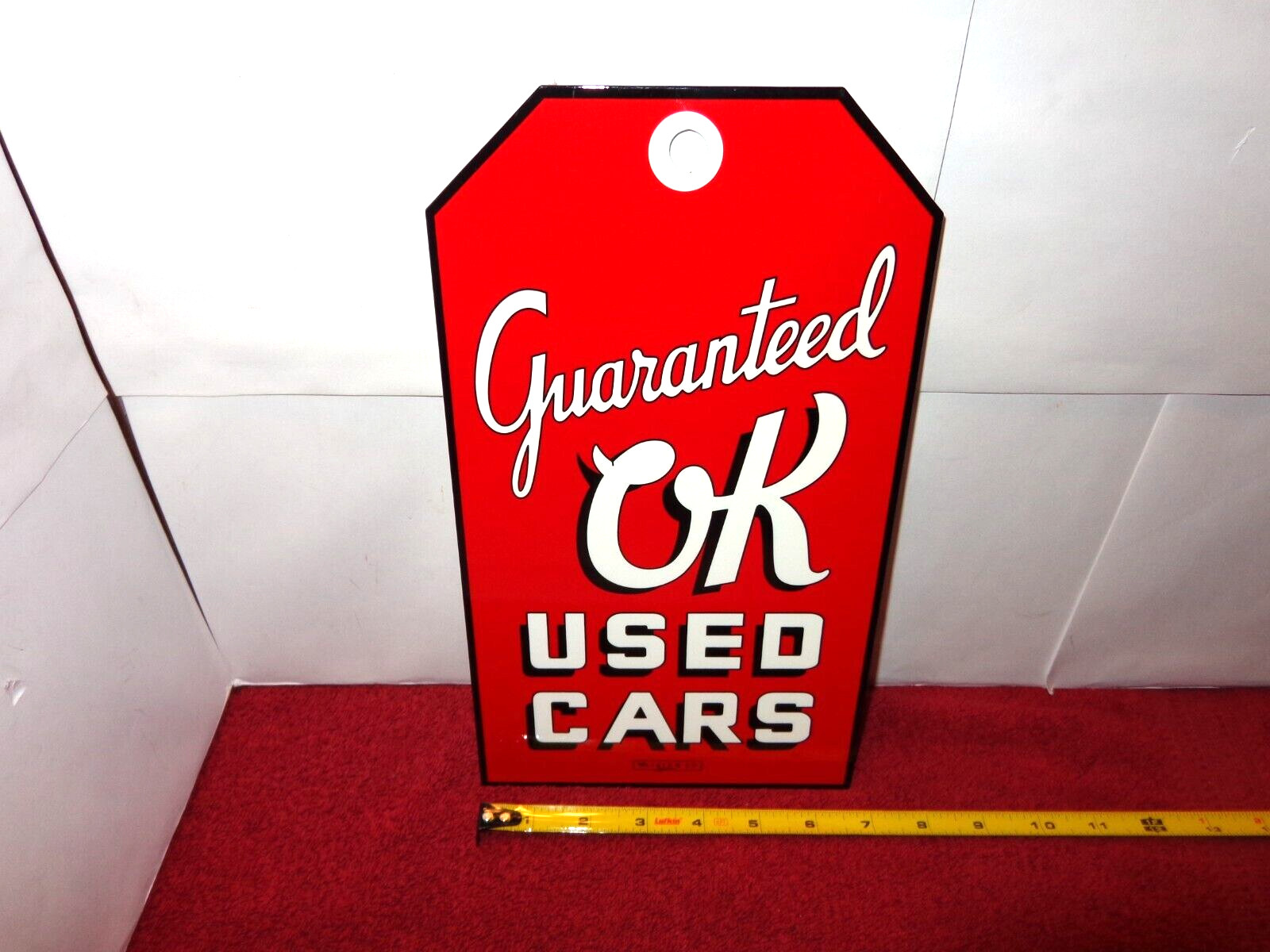6 3/4×12 in GUARANTEED OK USED CARS ADVERTISING SIGN HEAVY DIE CUT METAL -S 242A