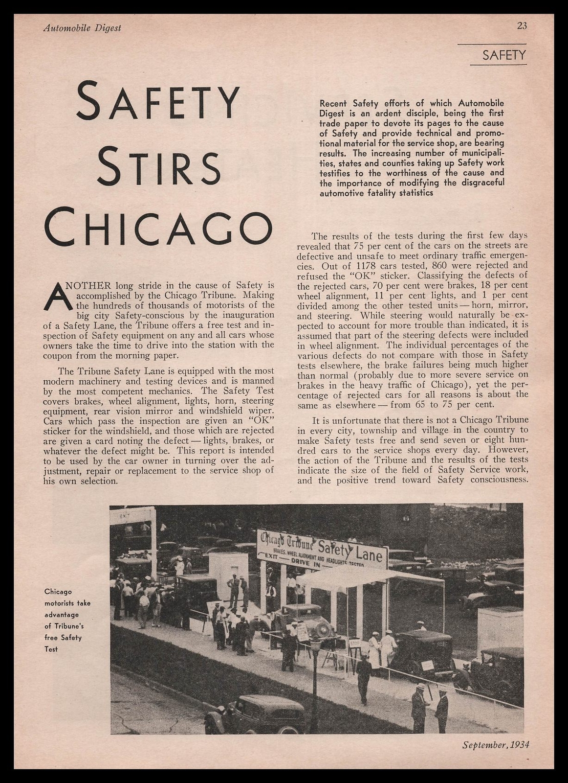 1934 Chicago Tribune Newspaper Safety Lane Inspection Photo And Article Print Ad