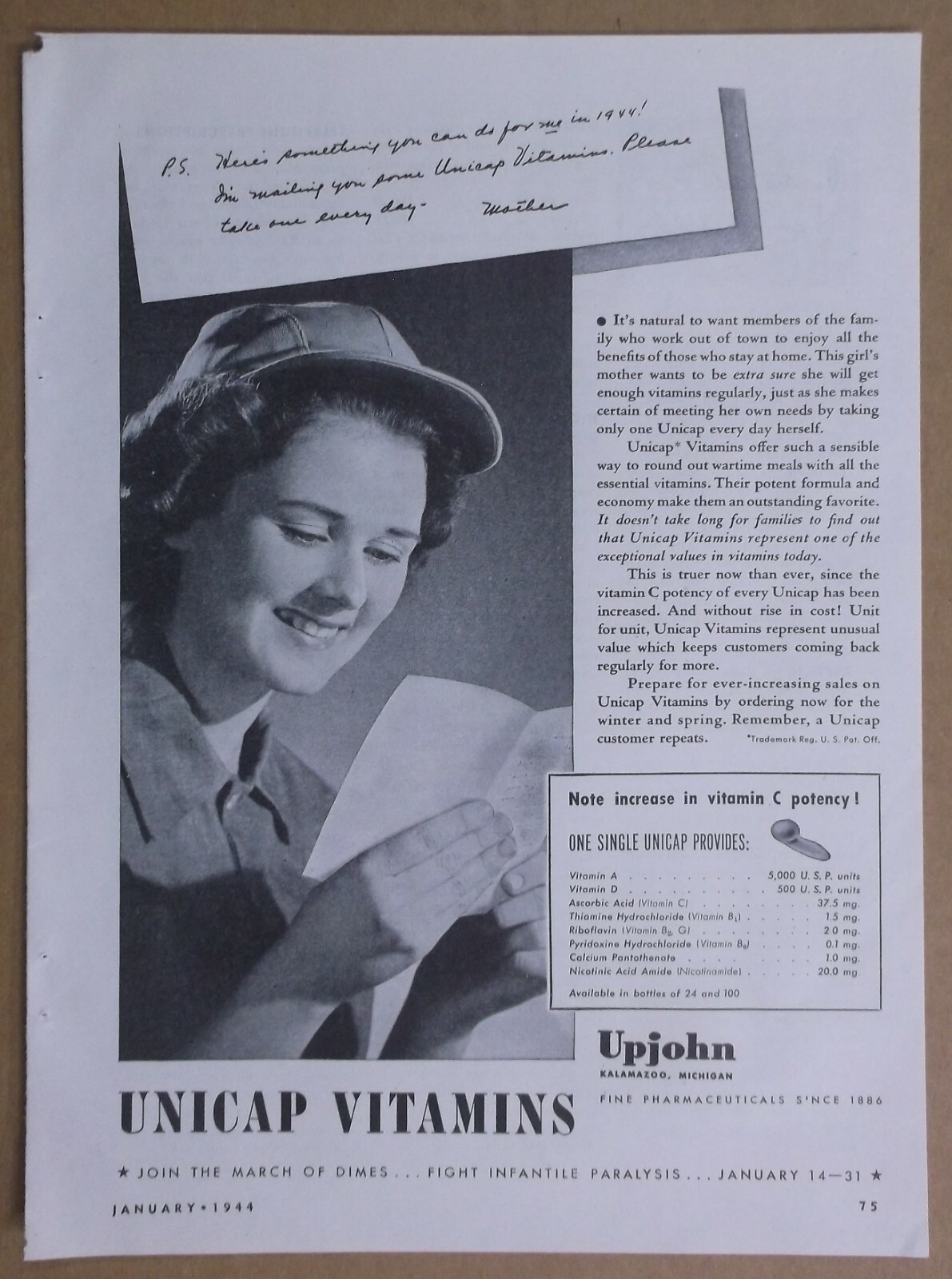 1944 UNICAP VITAMINS Magazine AD ~ UPJOHN, Kalamazoo, MI.
