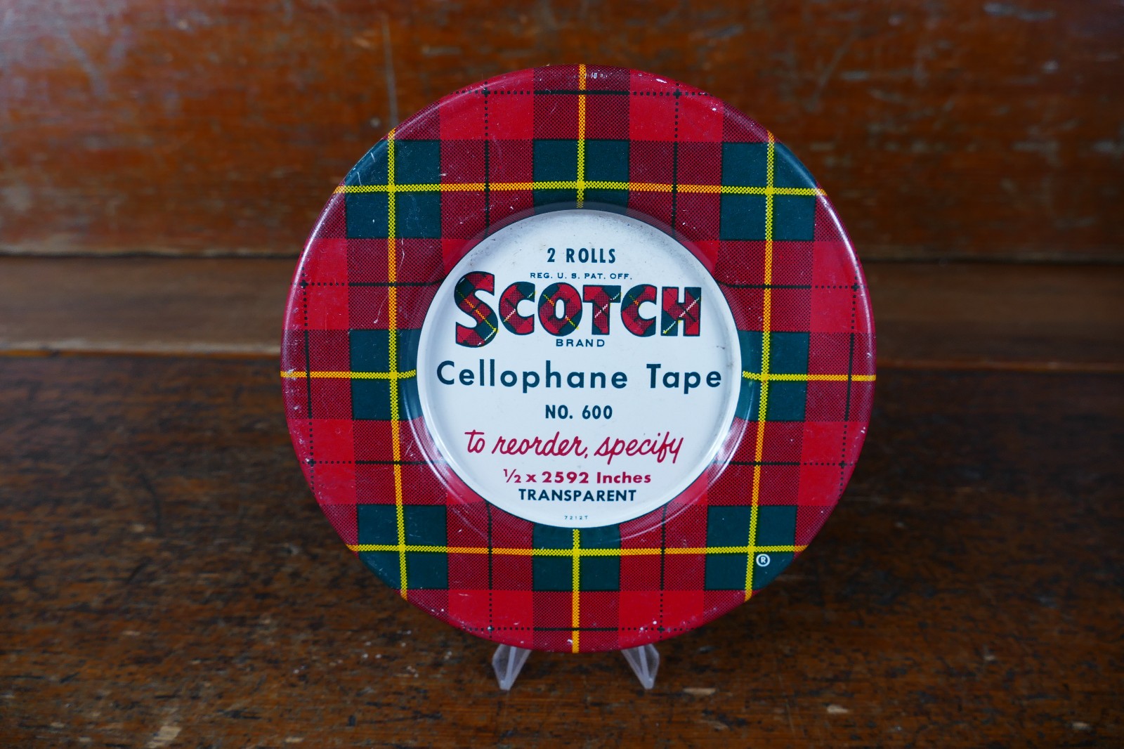 Vintage Scotch Cellophane Tape No. 600 Round Metal Tin Box Empty 5″