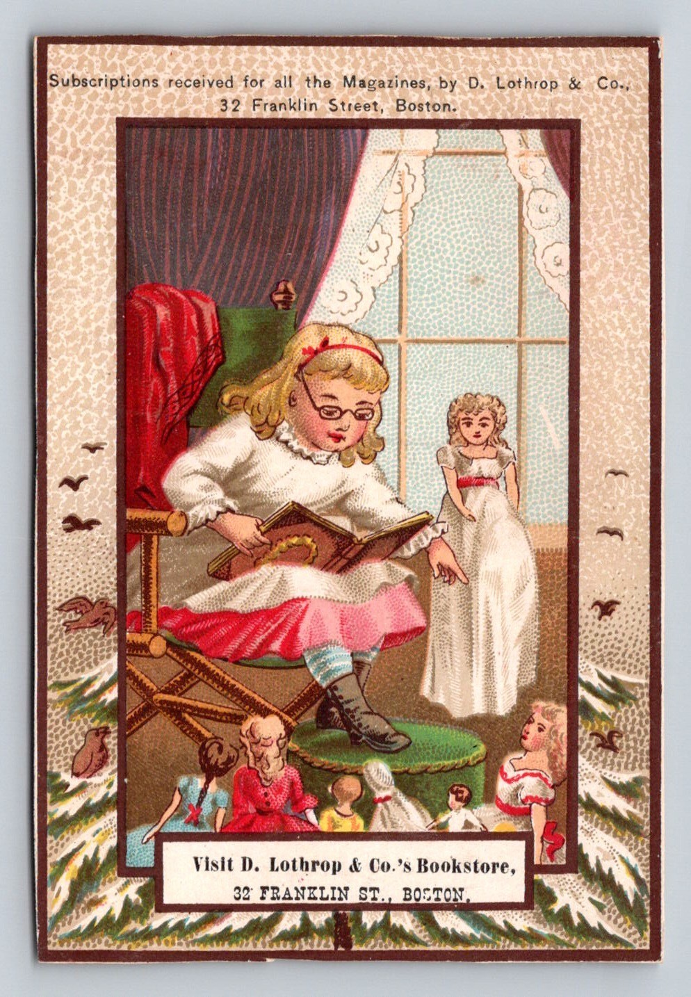 Girl Dolls Reads D Lothrop Co Bookstore Boston Trade Card P896