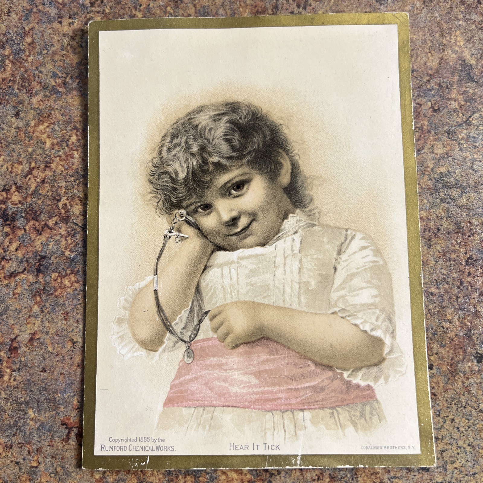 1885 Prof Horsford’s Baking Powder Large Trade Card Little Girl w/ Pocket Watch