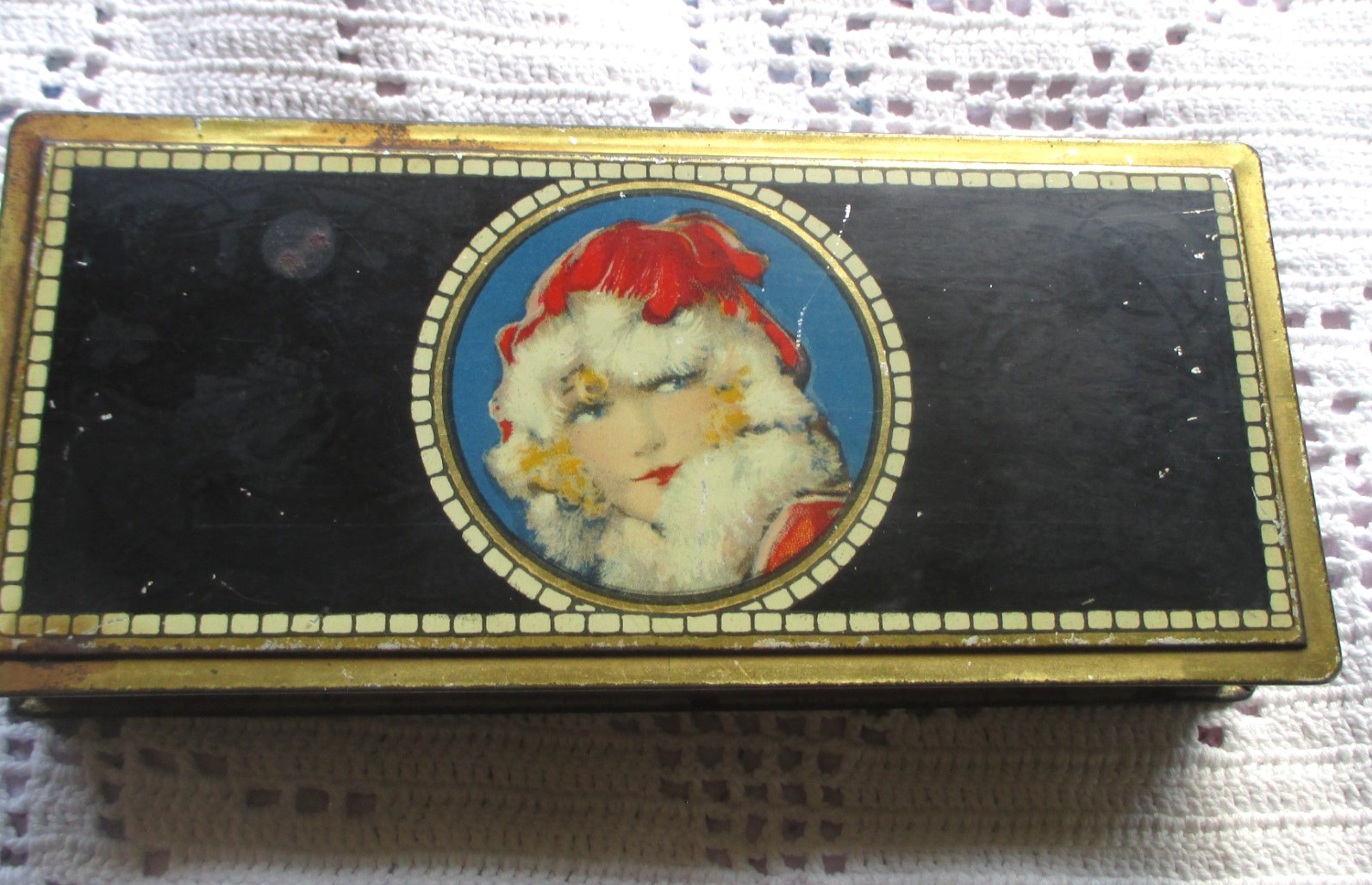 Antique tin Henry Clive pencil box Christmas movie star Mae Murray Canco Beauteb