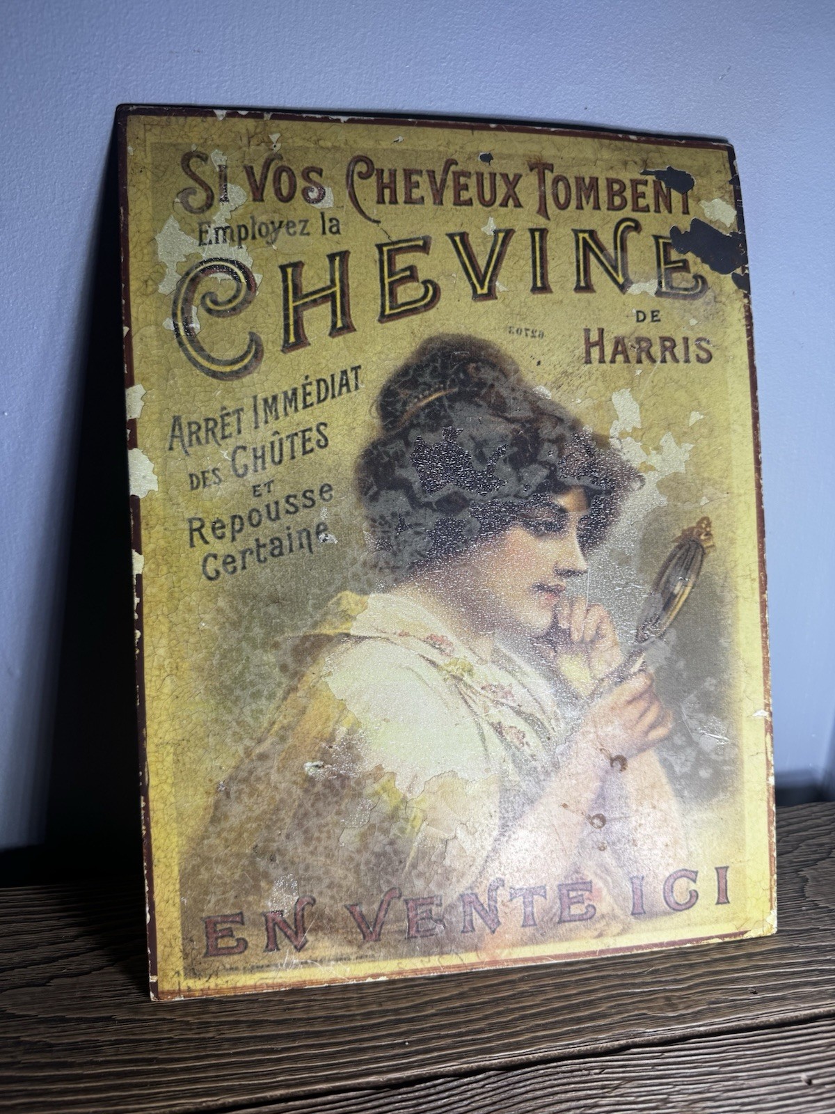 Vintage French Tin Sign Chevine de Harris Hair Tonic Art Nouveau c1910