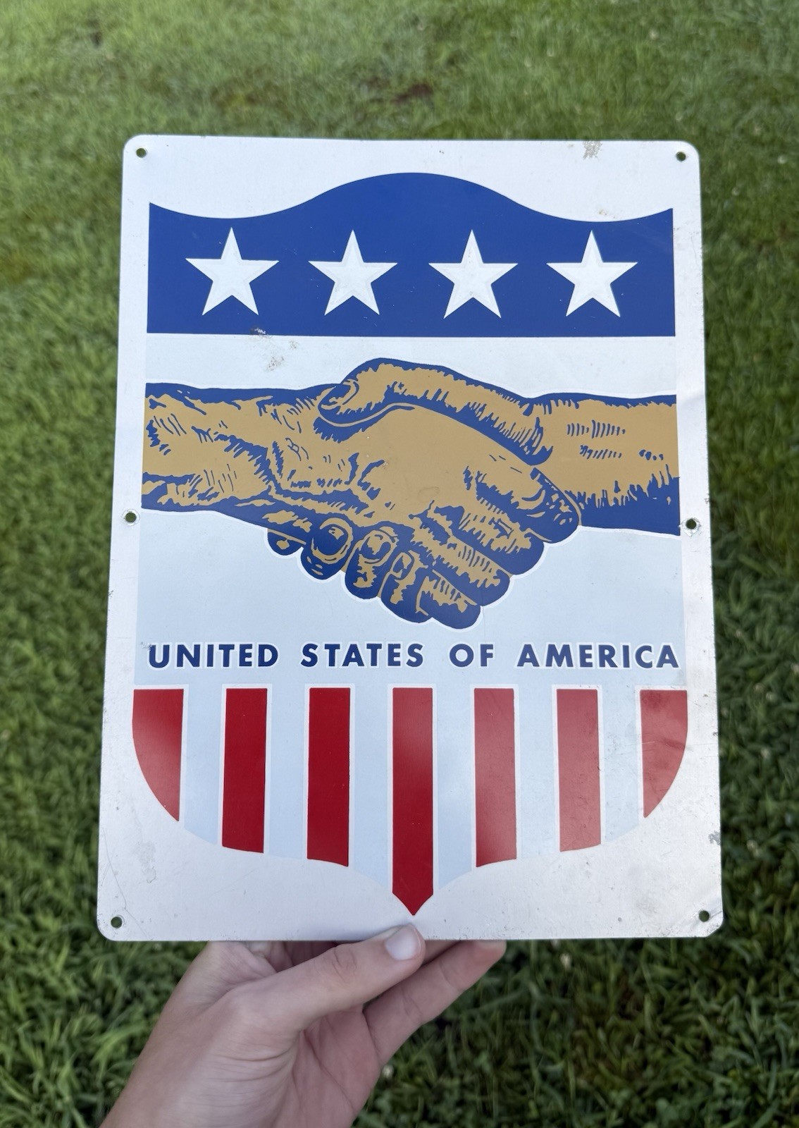 1960s United States of America Patriotic Shaking Hands Sign Metal Advertising