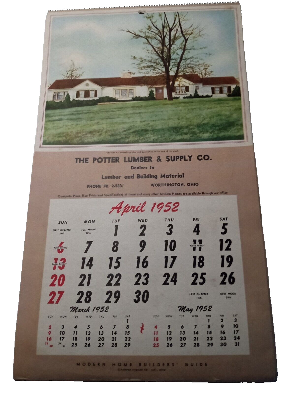 Porter Lumber & Supply Co Worthington Ohio 1952 Calendar Home Plans to Build