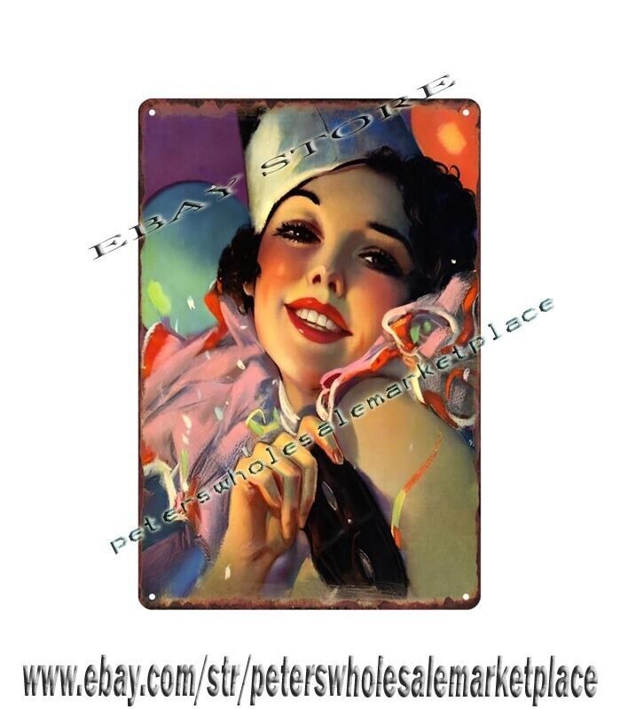 Retro girl canlendar art metal tin sign man cave wall restaurant pub