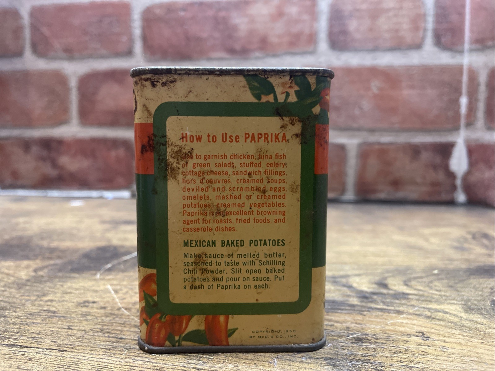 Vintage 1950’s Schilling (Mccormick) Paprika partially full 2oz Spice Tin~USA