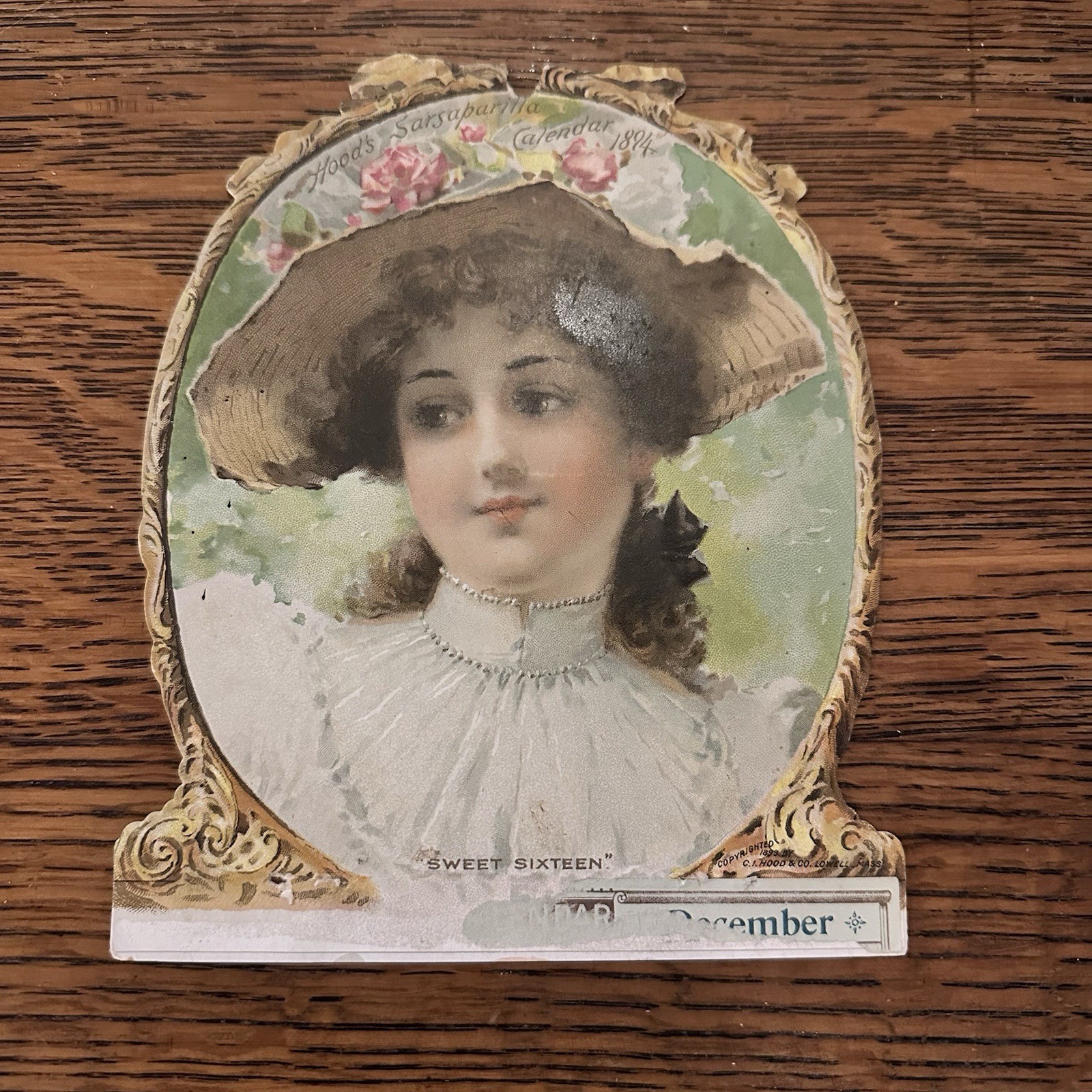 1894 Hood’s Sarsaparilla Victorian Advertising Calendar Die Cut – Sweet Sixteen