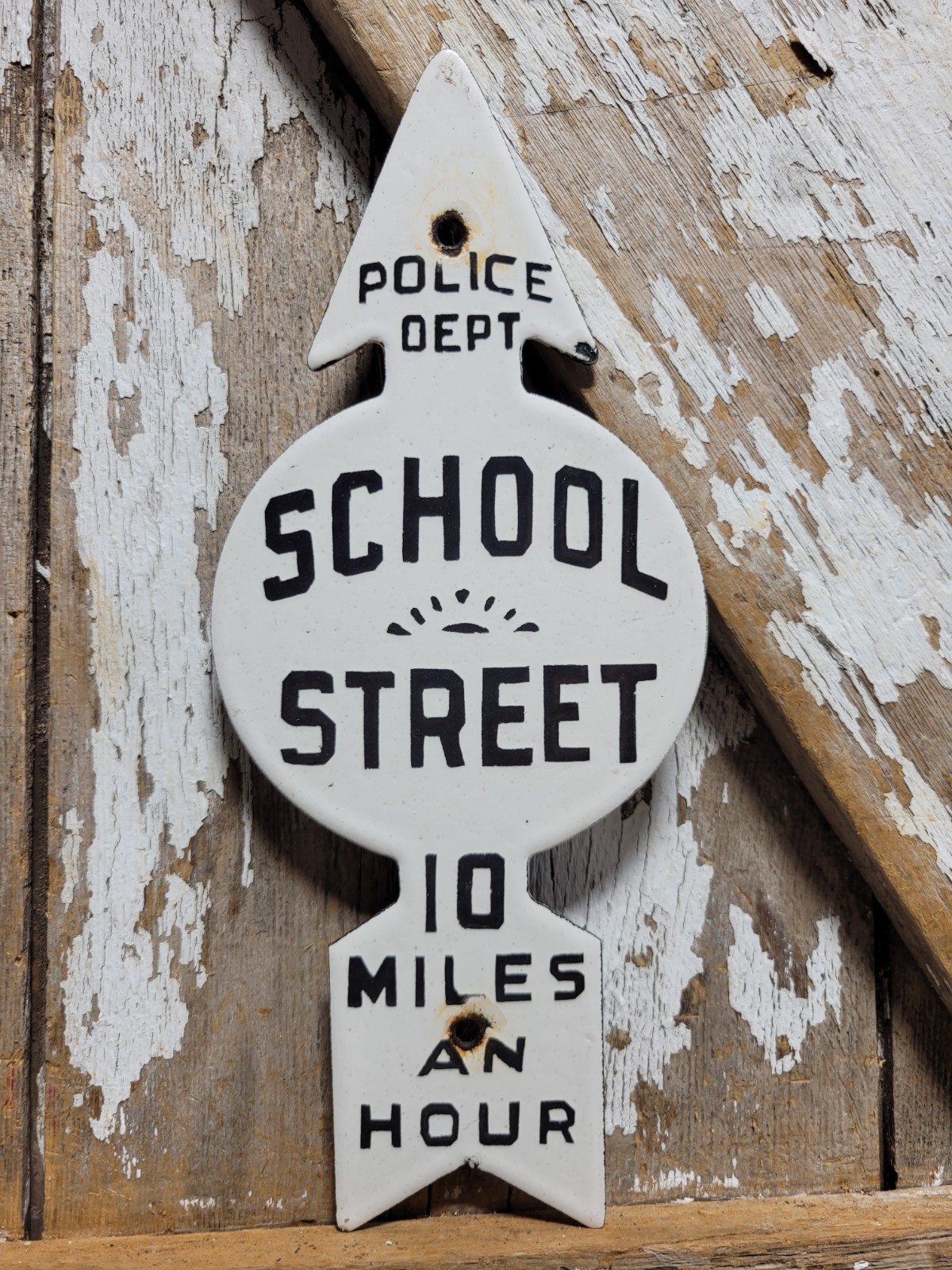 VINTAGE POLICE DEPARTMENT PORCELAIN SIGN OLD SCHOOL STREET SPEED ZONE ARROW KID
