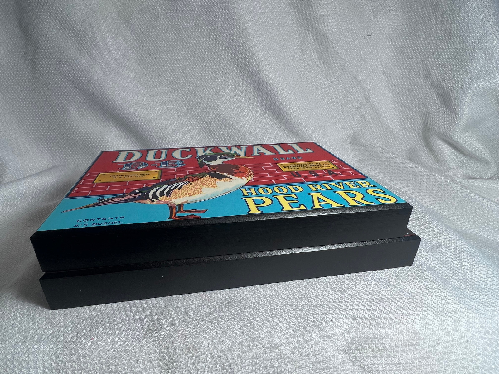 Reproductions Of 2 Vtg Pear Fruit Labels On Top Of Boxed Wood Frame Wall Hanging