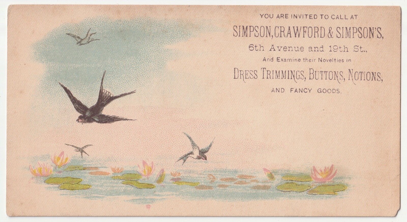 1880s Swallows & Lillies~Clothing Store~ New York City NY~Victorian Trade Card