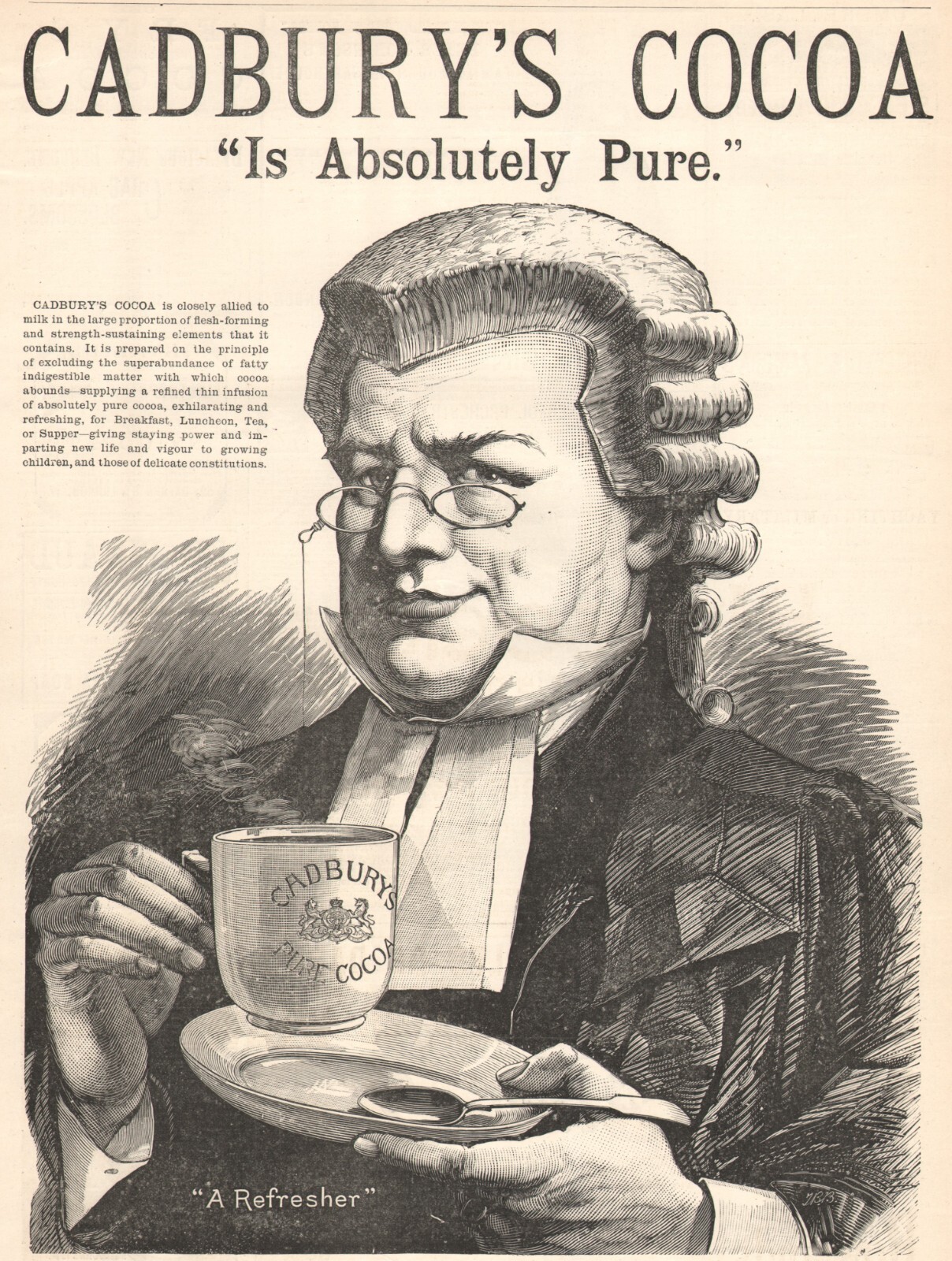 Cadbury’s Cocoa Judge Robes Wig Cup Saucer 1889 Antique Print Ad