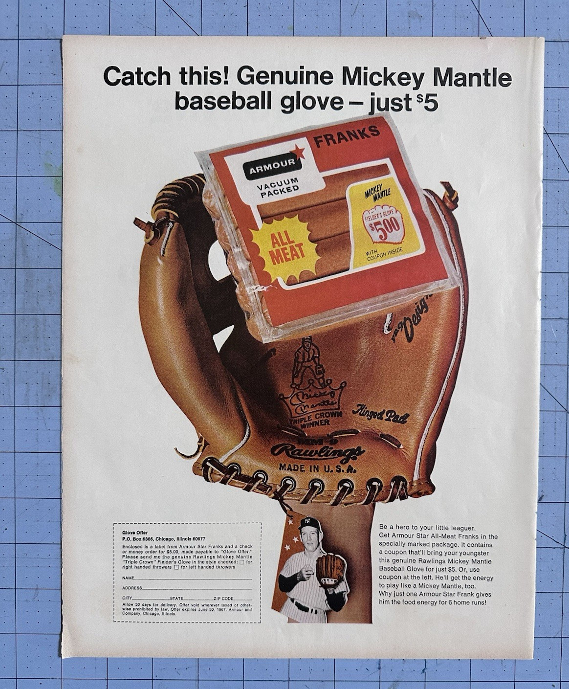 1967Mickey Mantle’s Armour Franks Meat Baseball glove Rawlings Vintage Print Ad
