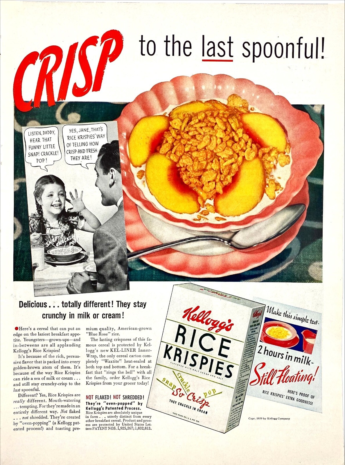 Battle Creek Michigan Kellogg’s Rice Krispies Cereal 1939 Vtg Magazine Print Ad