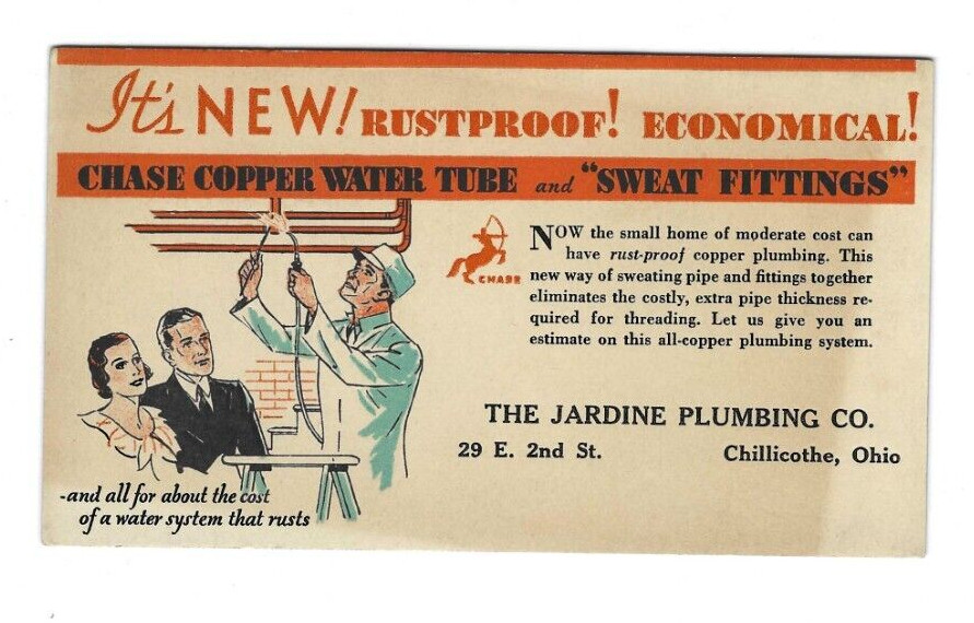 Old Advertising Premium Blotter Chase Copper Pipe Jardine Plumbing Chillicothe