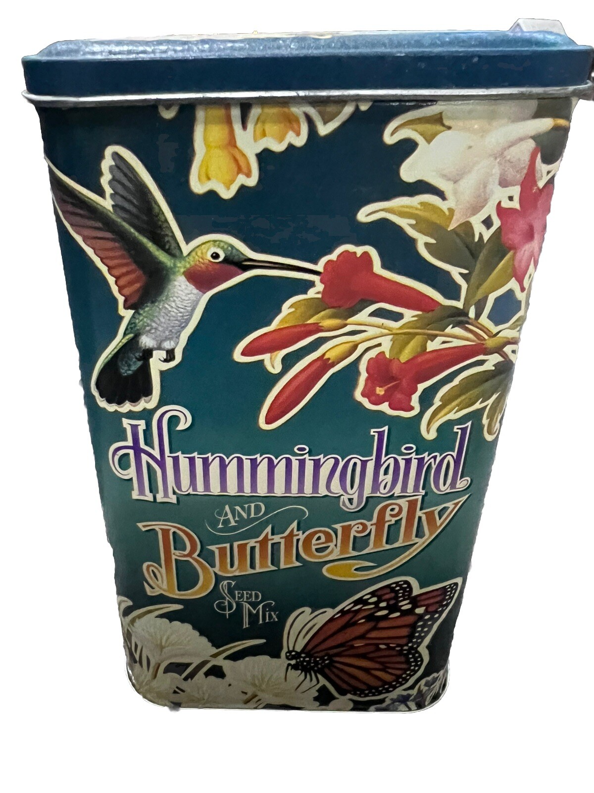 Vintage Green Hummingbird and Butterfly Flower Seed Mix Tall Tin Empty