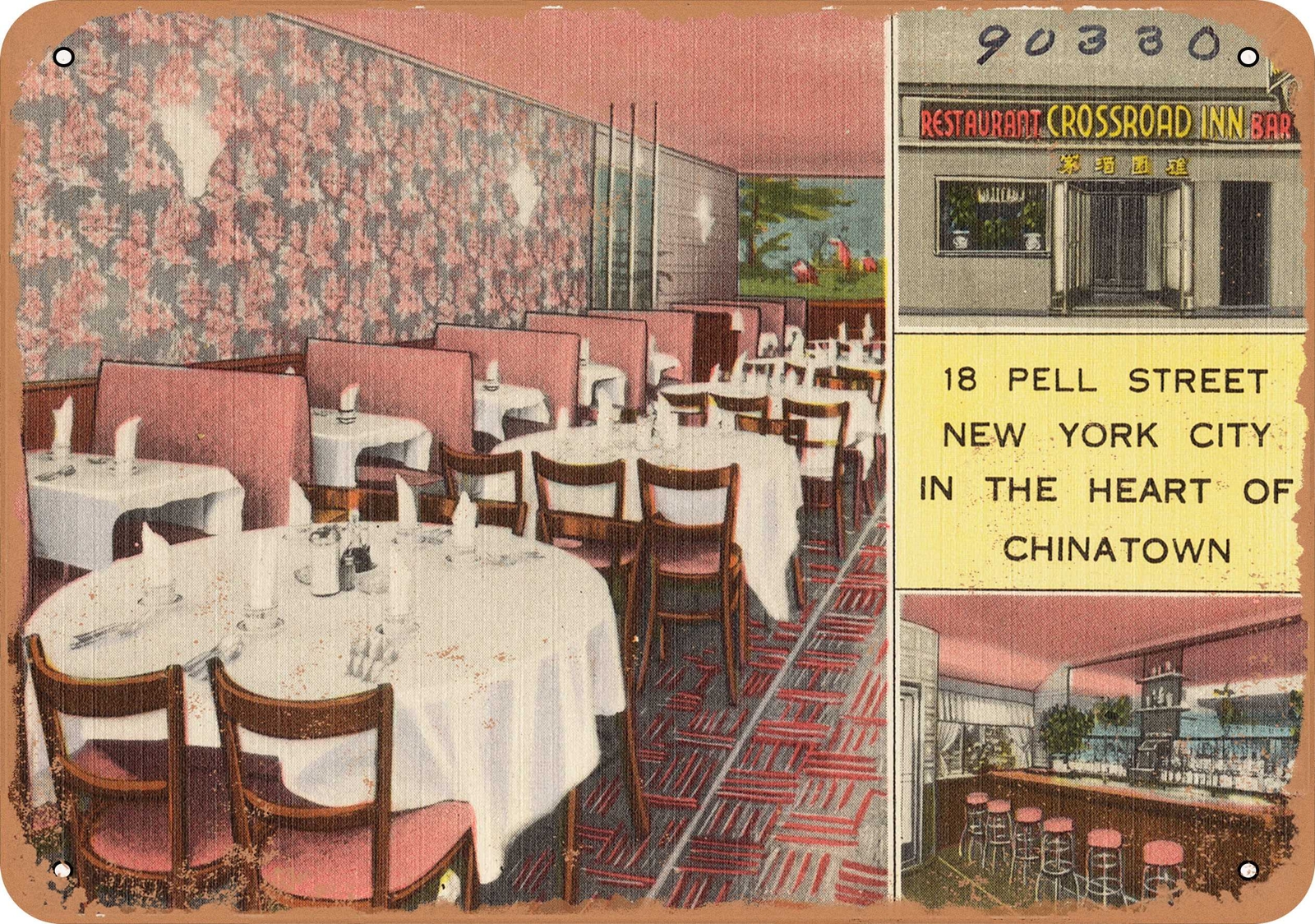METAL SIGN – New York Postcard – Crossroad Inn. 18 Pell Street, New York City,