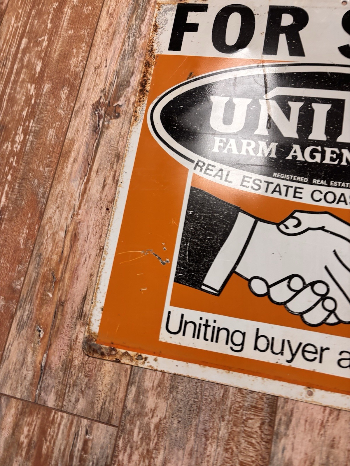 Vintage Metal Sign United Farm Agency Realty Handshake Graphics 20” Original 50s