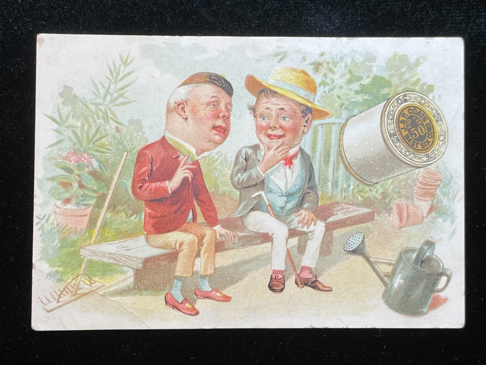 ANTIQUE TRADE CARD J. & P. COATS’ THREAD, TWO MEN ON GARDEN BENCH