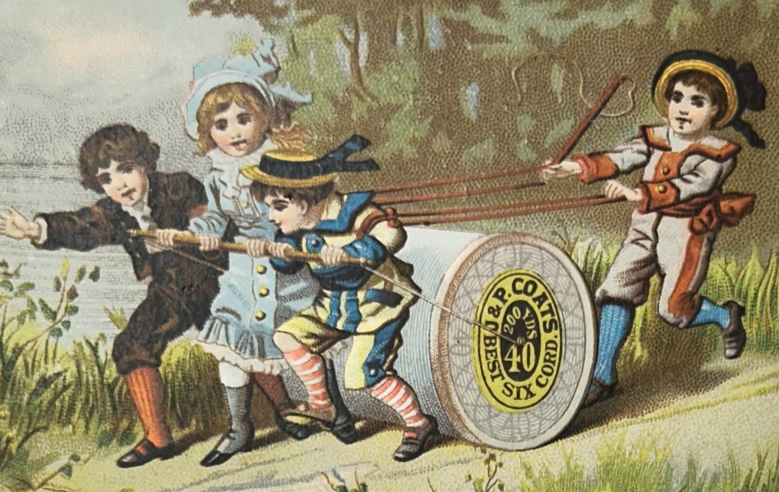 J & P Coats Six Cord Spool Cotton Children Pull Giant Spool Victorian Trade Card