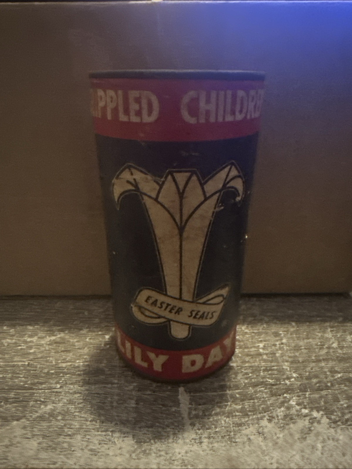 Vtg Easter Seals Help Crippled Children Lily Day Collection Tin Can / Coin Bank