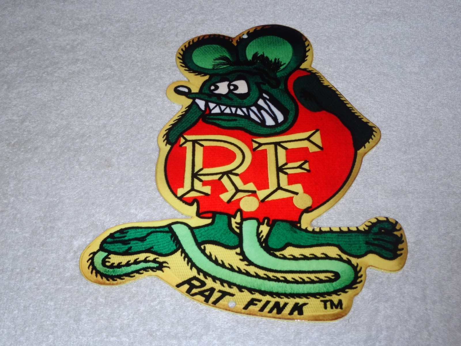 VINTAGE “RATFINK DIE-CUT RAT” 12″ BAKED METAL GASOLINE & OIL “ED ROTH FINK” SIGN