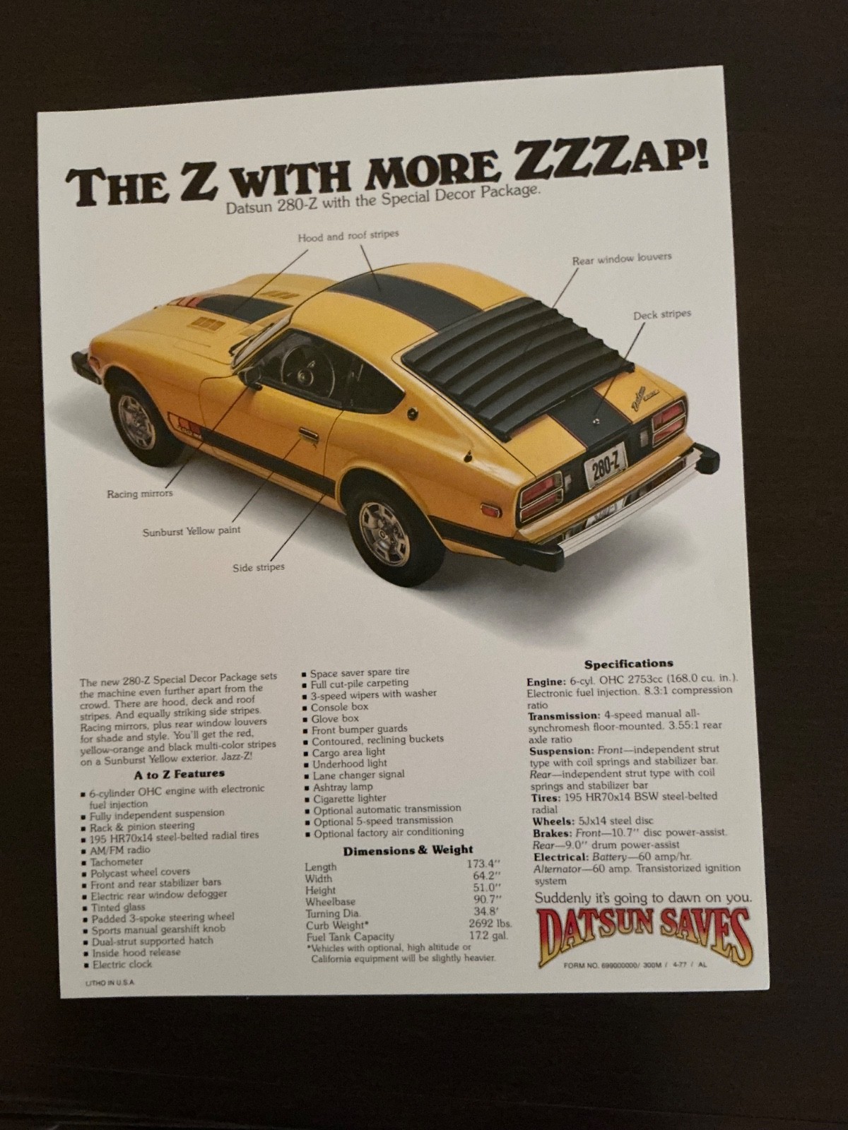 1977 Datsun 280Z Spec Sheet 8 1/2 x 11