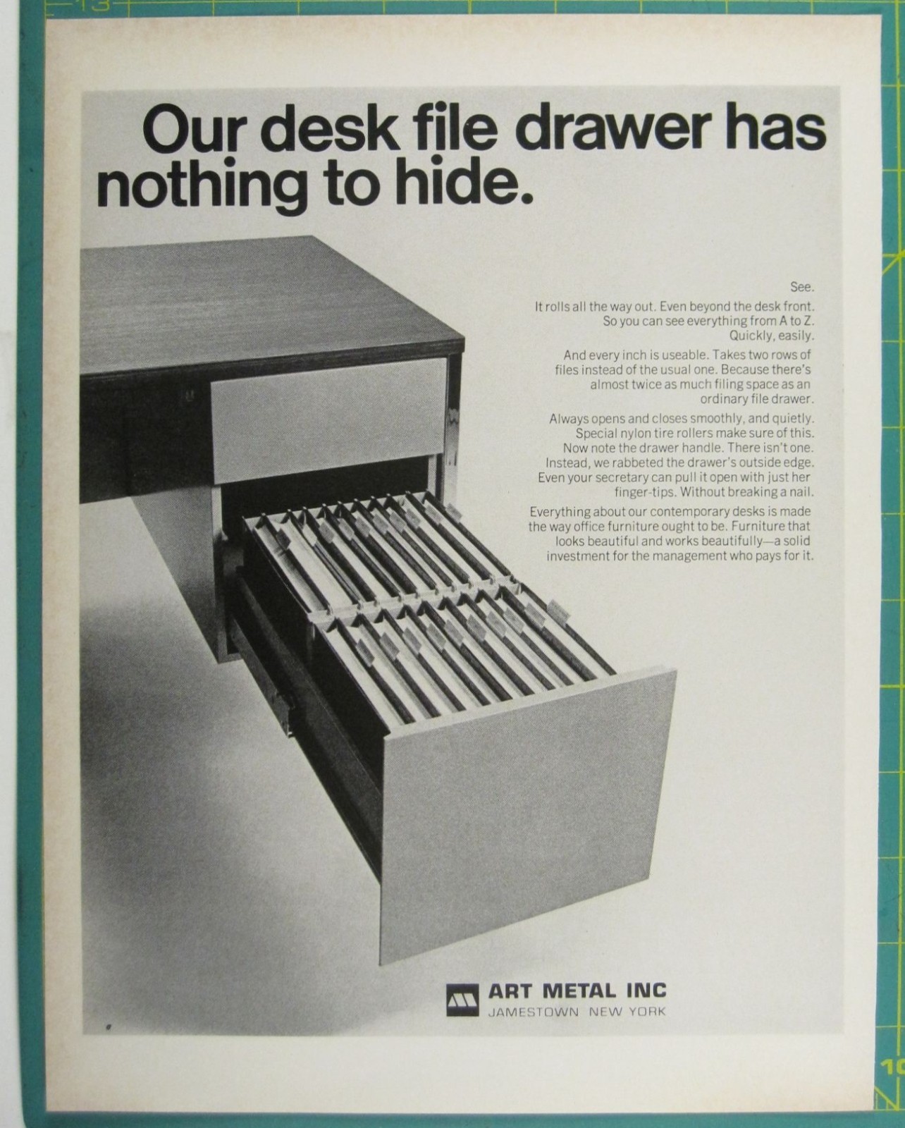 Print Ad Art Metal Inc Desk File Drawer Ad 1966 Jamestown NY Durable Office