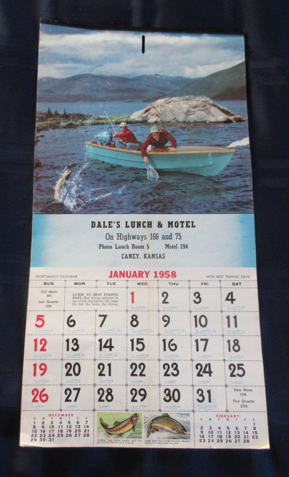 1958 Sportman’s Calendar Dale’s Motel Lunch Caney KS Fishing Hunting 12 page Vtg