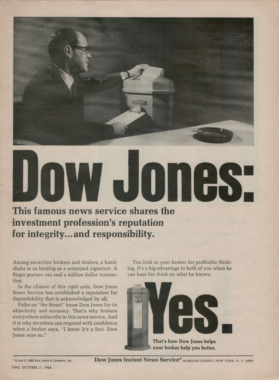 1966 Dow Jones Instant News Service Helps Your Broker VINTAGE PRINT AD