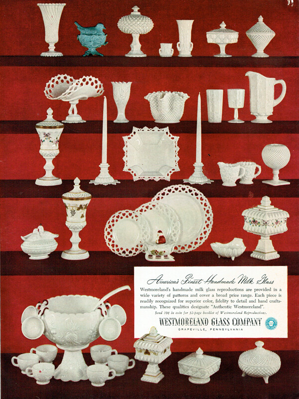 Westmoreland Milk Glass Lacy Edge Hobnail Punch Bowl Santa Sleigh 1952 Print Ad