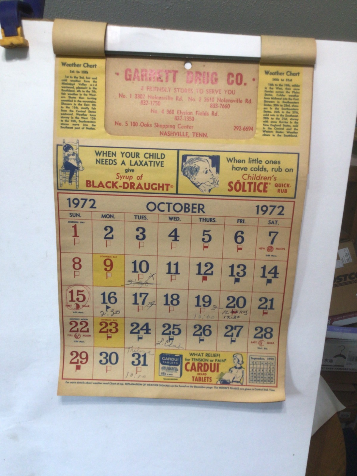 Garrett Drug Company Nashville Tenn. 1972 Calendar Cardui Black Draught Soltice