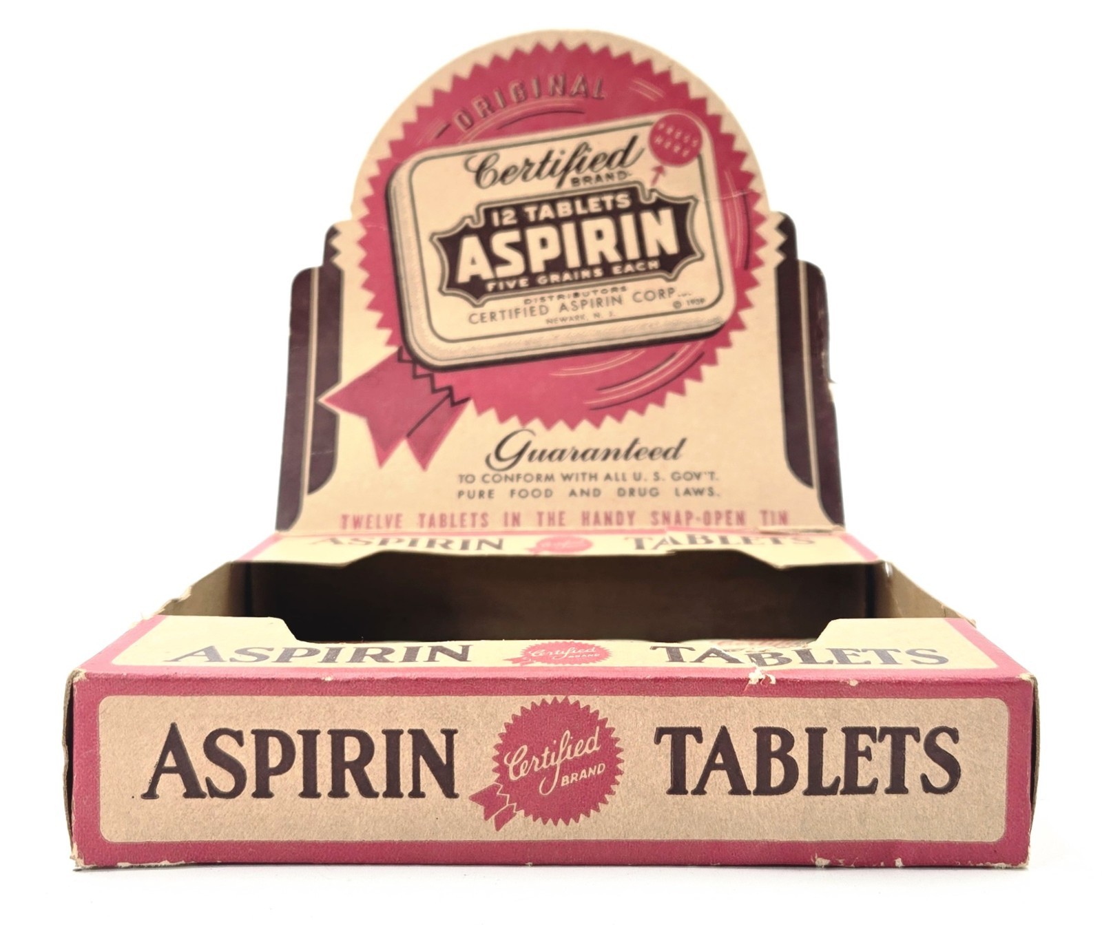 Vtg 1939 Certified Brand Aspirin Counter Display Box Cardboard Sign & 6 Tins