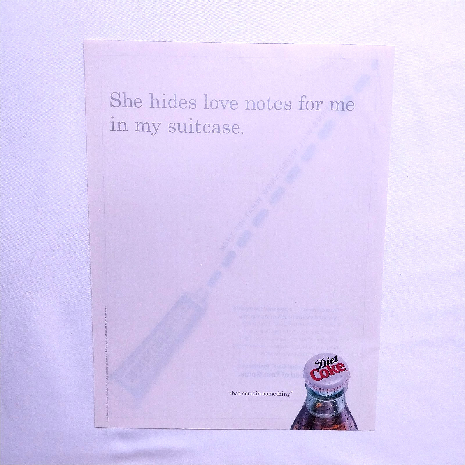 2001 Diet Coke Vintage Print Ad – Magazine Advert Page Bottle Cap “Love Notes”