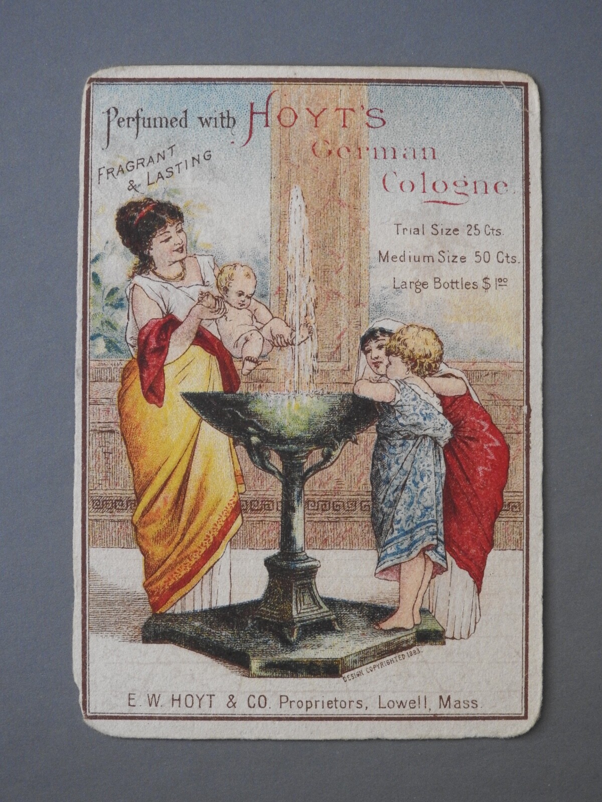 antique victorian advertising trade card HOYT’S GERMAN COLOGNE perfume Lowell Ma