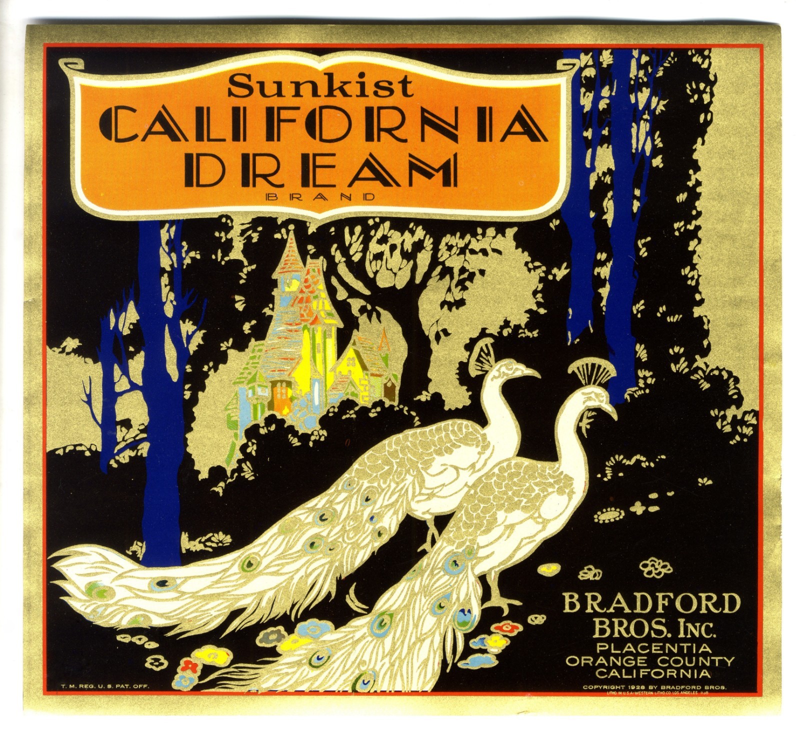 CALIFORNIA DREAM w/PEACOCK~RARE 1920s ANTIQUE PLACENTIA ORANGE FRUIT CRATE LABEL