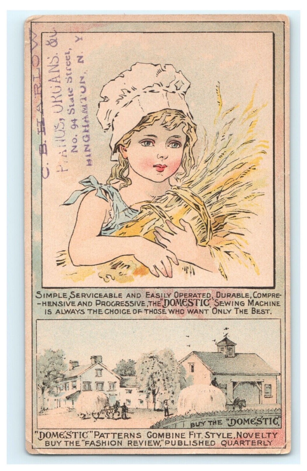 Domestic Sewing Machine C.B. Harlow Pianos Organs Binghamton NY – Farm Girl