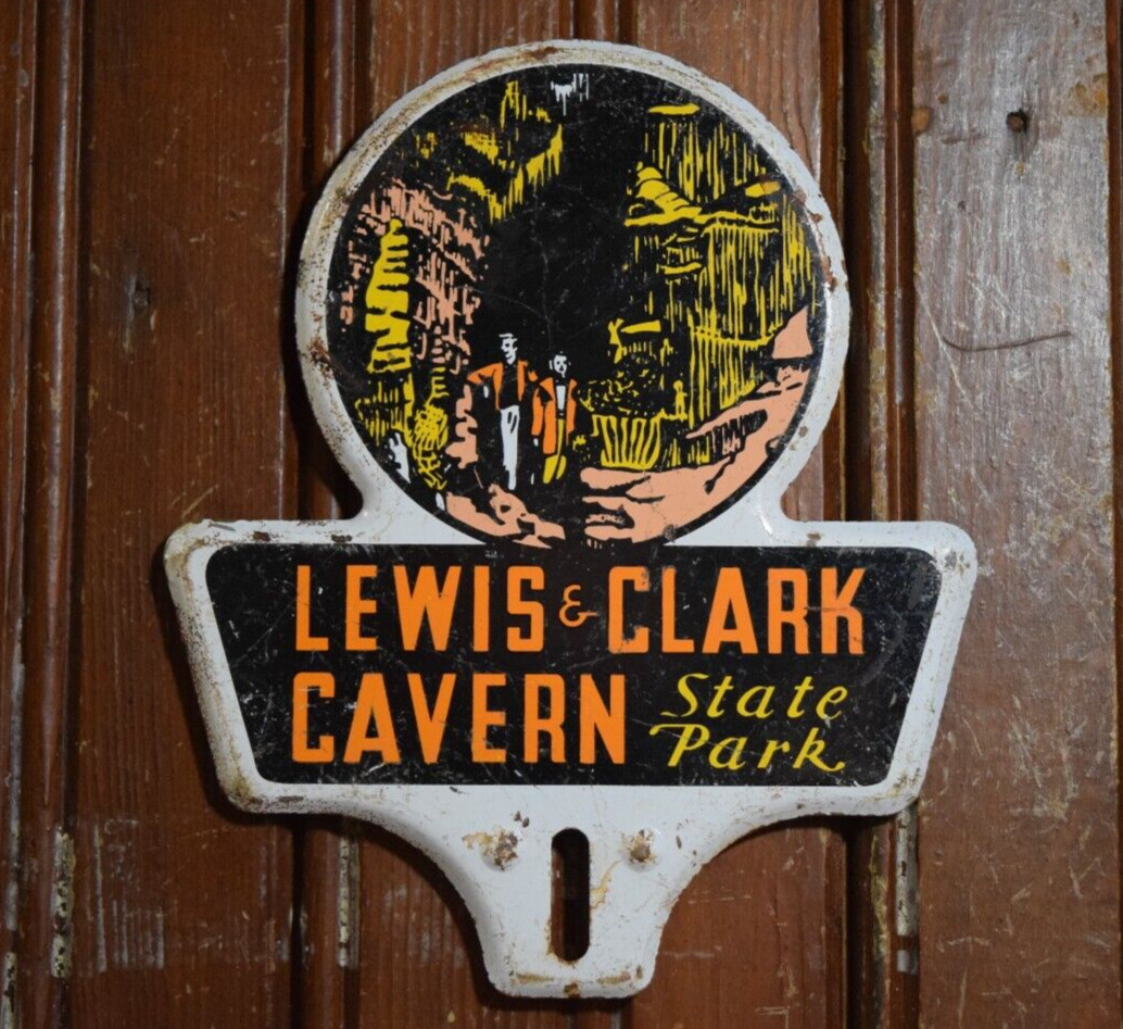1950s LEWIS & CLARK CAVERN STATE PARK STAMPED PAINTED METAL TOPPER SIGN MONTANA