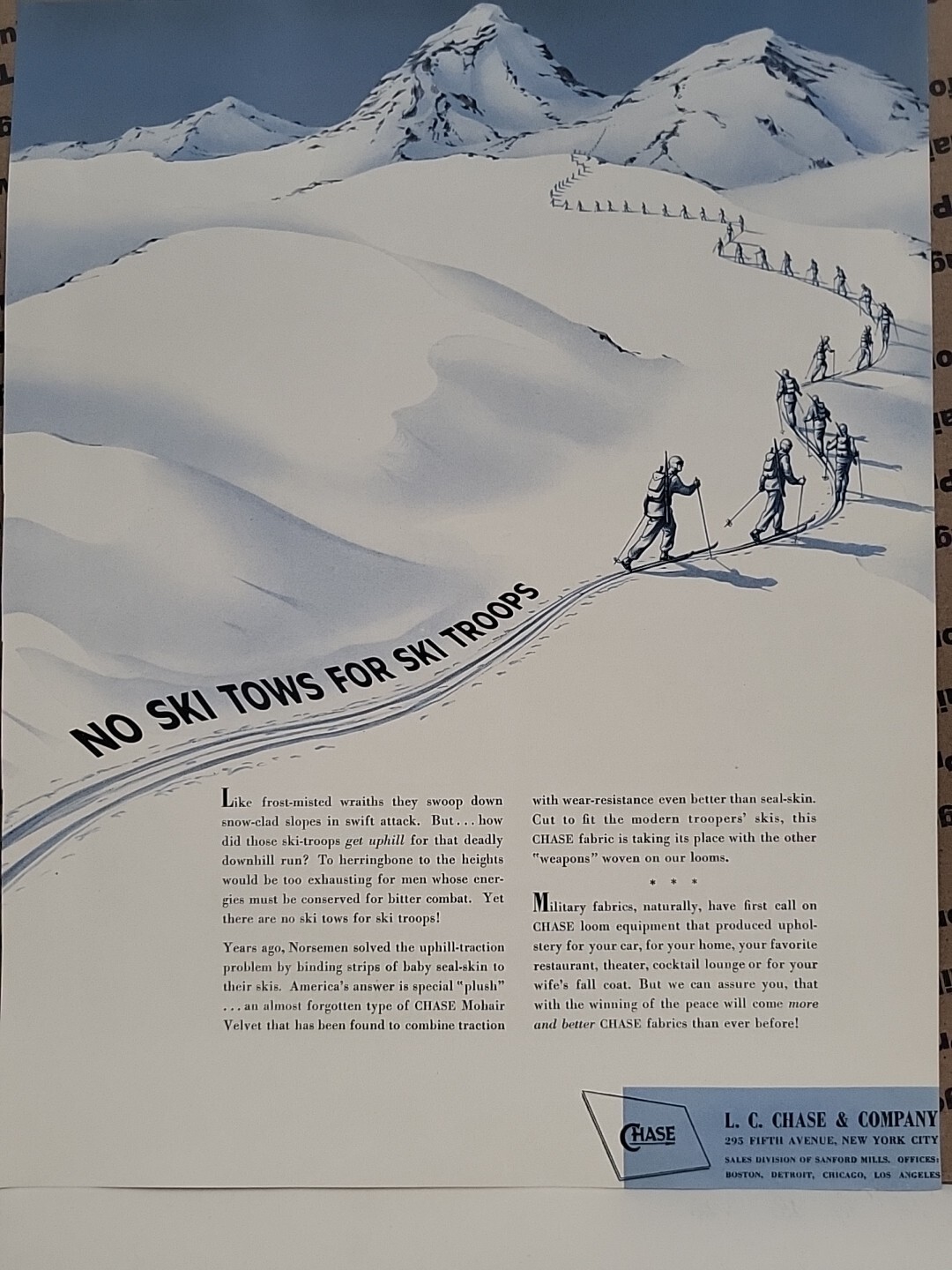 1942 L.C. Chase & Co. Fortune WW2 Print Ad Q3 Ski Troops U.S. Army Snow Mountain