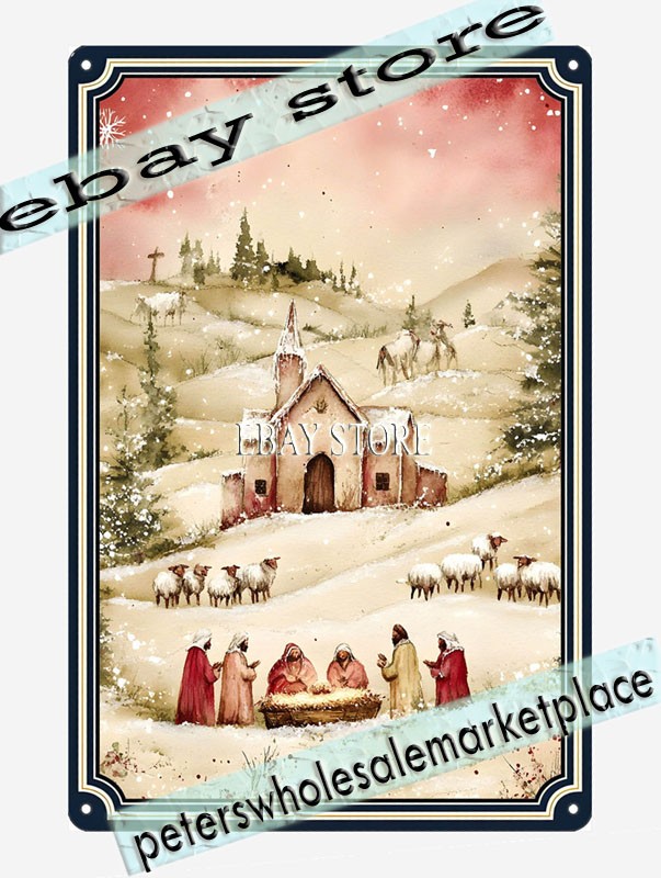 Village Nativity Metal Tin Sign Vintage Christmas Scene
