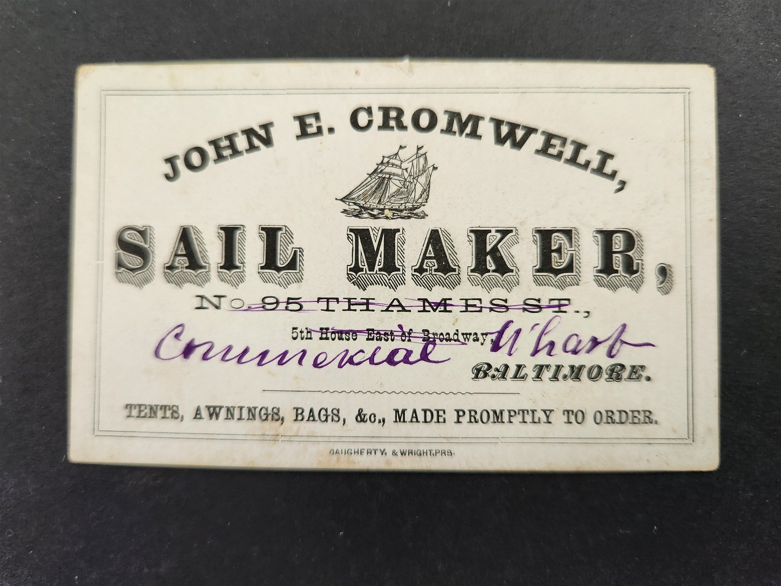 antique JOHN E CROMWELL baltimore md SAIL MAKER ad business card boats