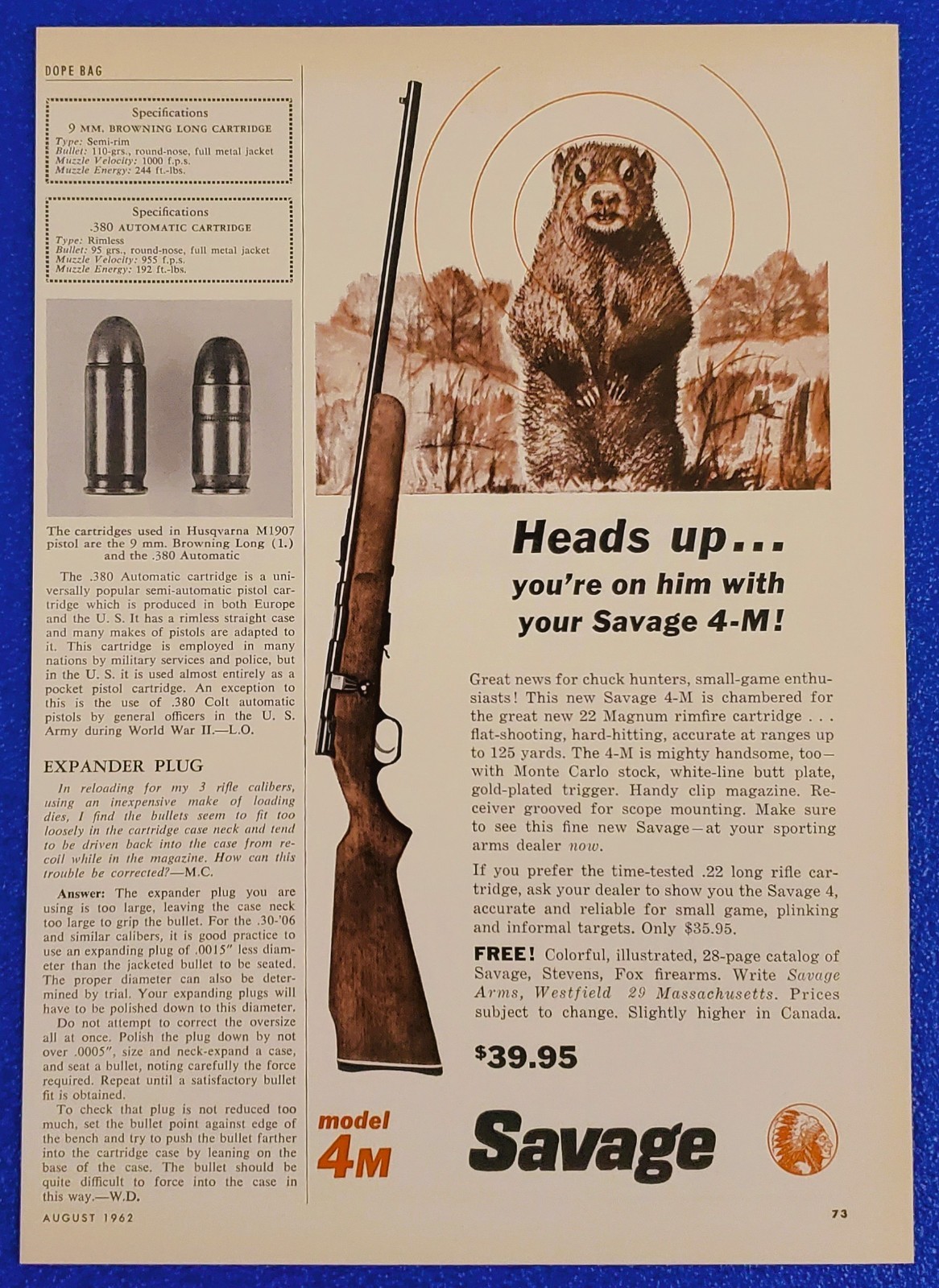 1962 SAVAGE ARMS 4-M .22 CAL RIFLE ORIGINAL FIREARM / GUN PRINT AD GROUND HOG