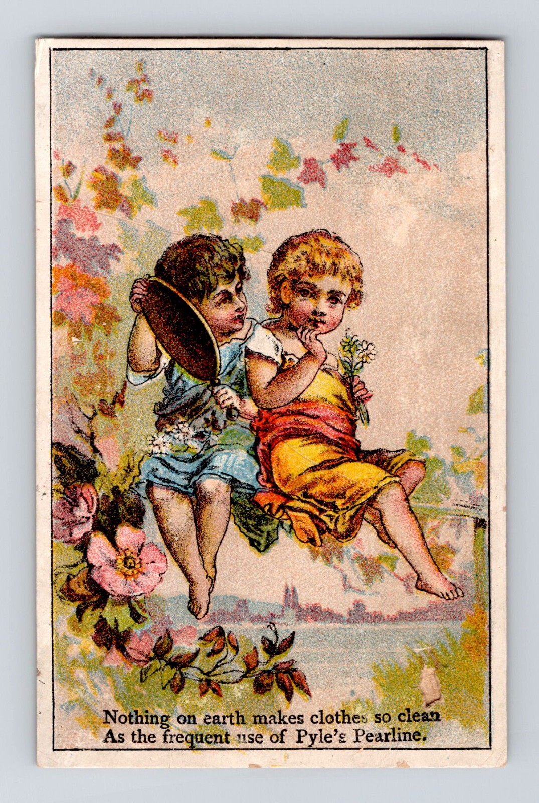 Pyle’s Pearline Soap Boy Girl Sitting On Rock Flowers Victorian Trade Card