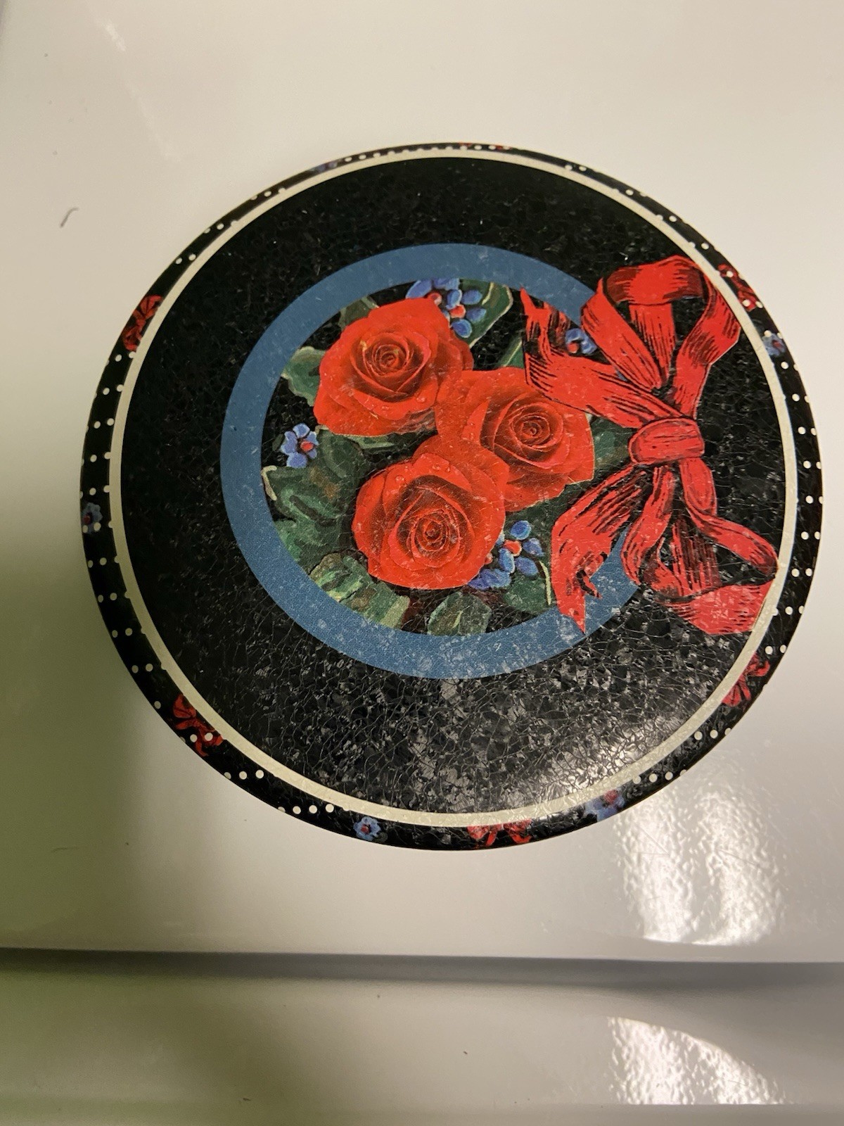 Vintage Nobel Hall Round EMPTY Tin Red Bow Roses Black Polka Dots Lace 5 1/4″