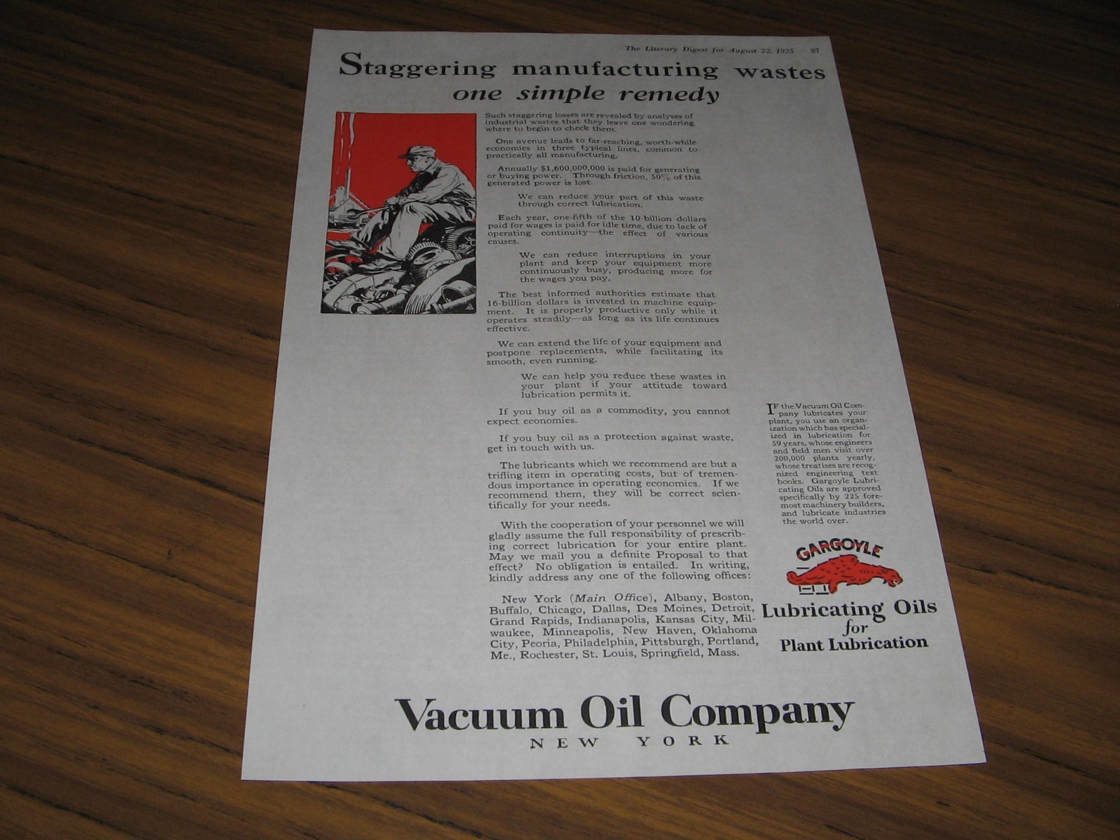 1925 Print Ad Vacuum Oil Company New York Gargoyle Symbol