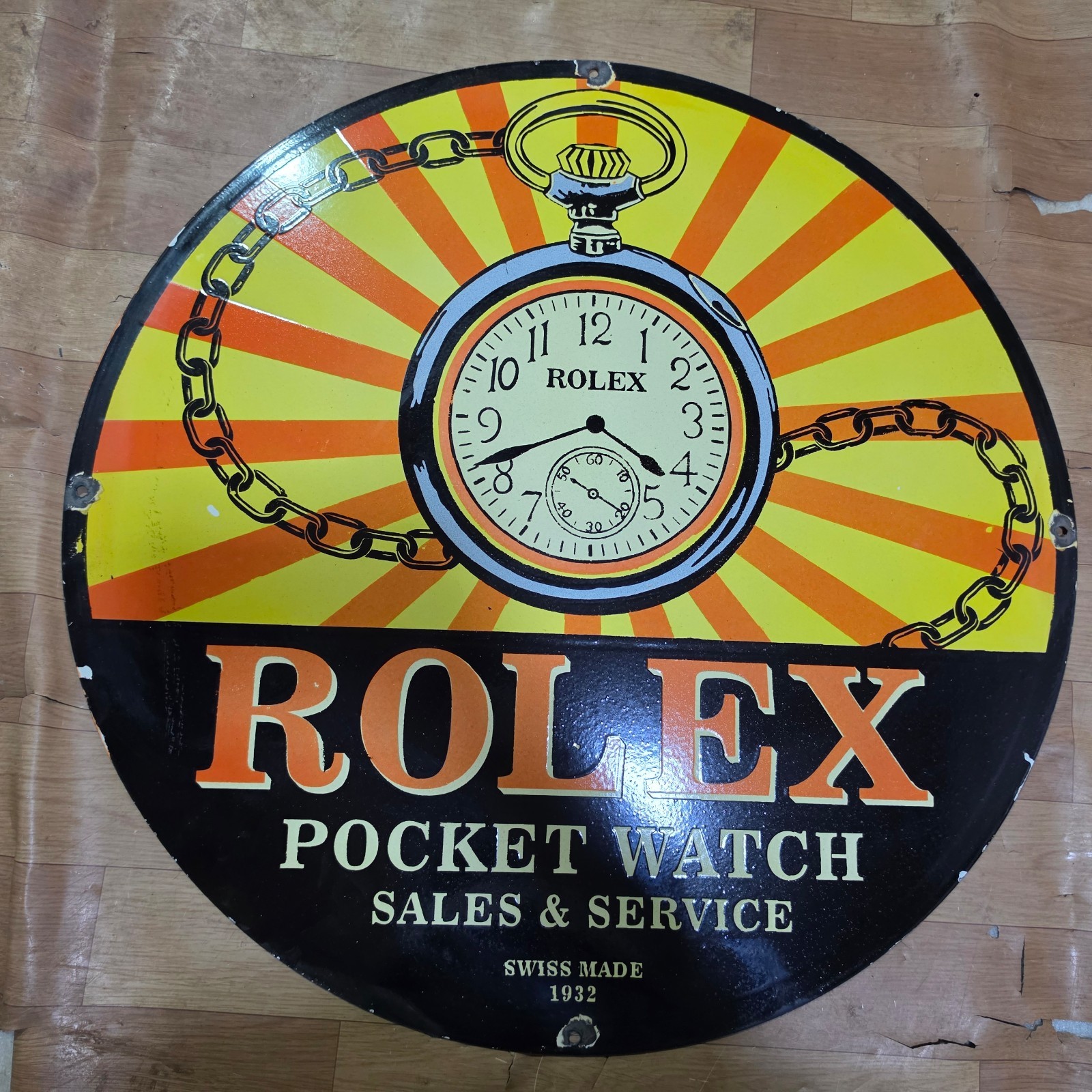 ROLEX POCKET WATCH PORCELAIN ENAMEL SIGN 29 X 29 INCHES